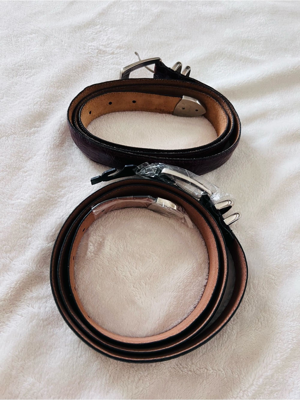 Men’s Belt Lot 2 Size 44 Genuine Leather Croc Embossed Black Brown Silver